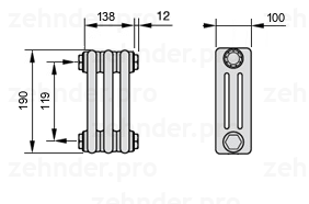 Схема (чертеж) Радиатор Zehnder Charleston 3019/3 №1270 Белый глянцевый RAL 9016